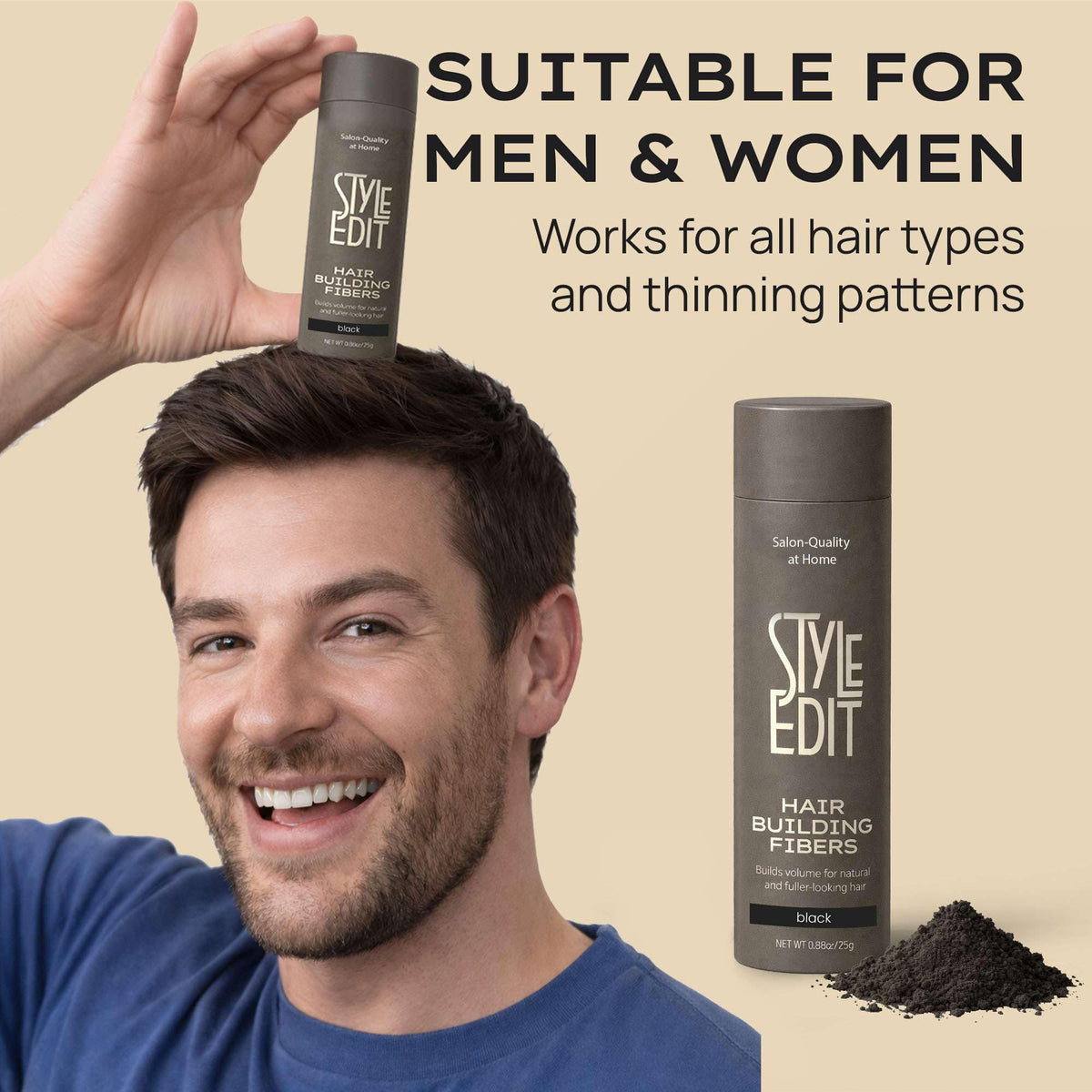 Style Edit lifestyle image of man applying fibers showing quick touch-up benefit