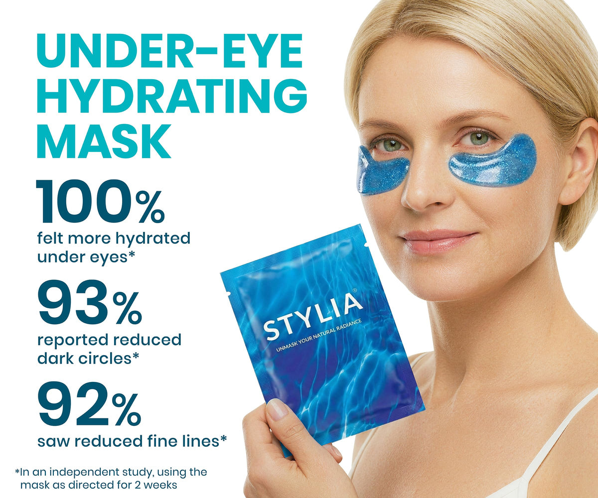 Stylia serum texture drop on fingertip, highlights hydrating hyaluronic benefit