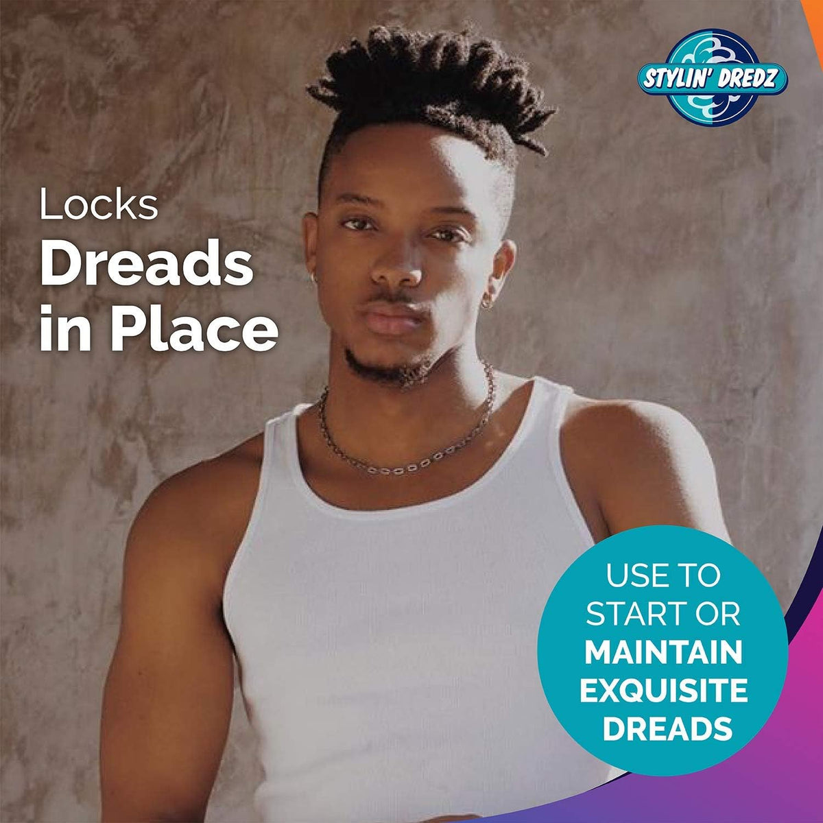 Stylin Dredz label closeup highlighting tea tree oil and glycerine for soothing benefits