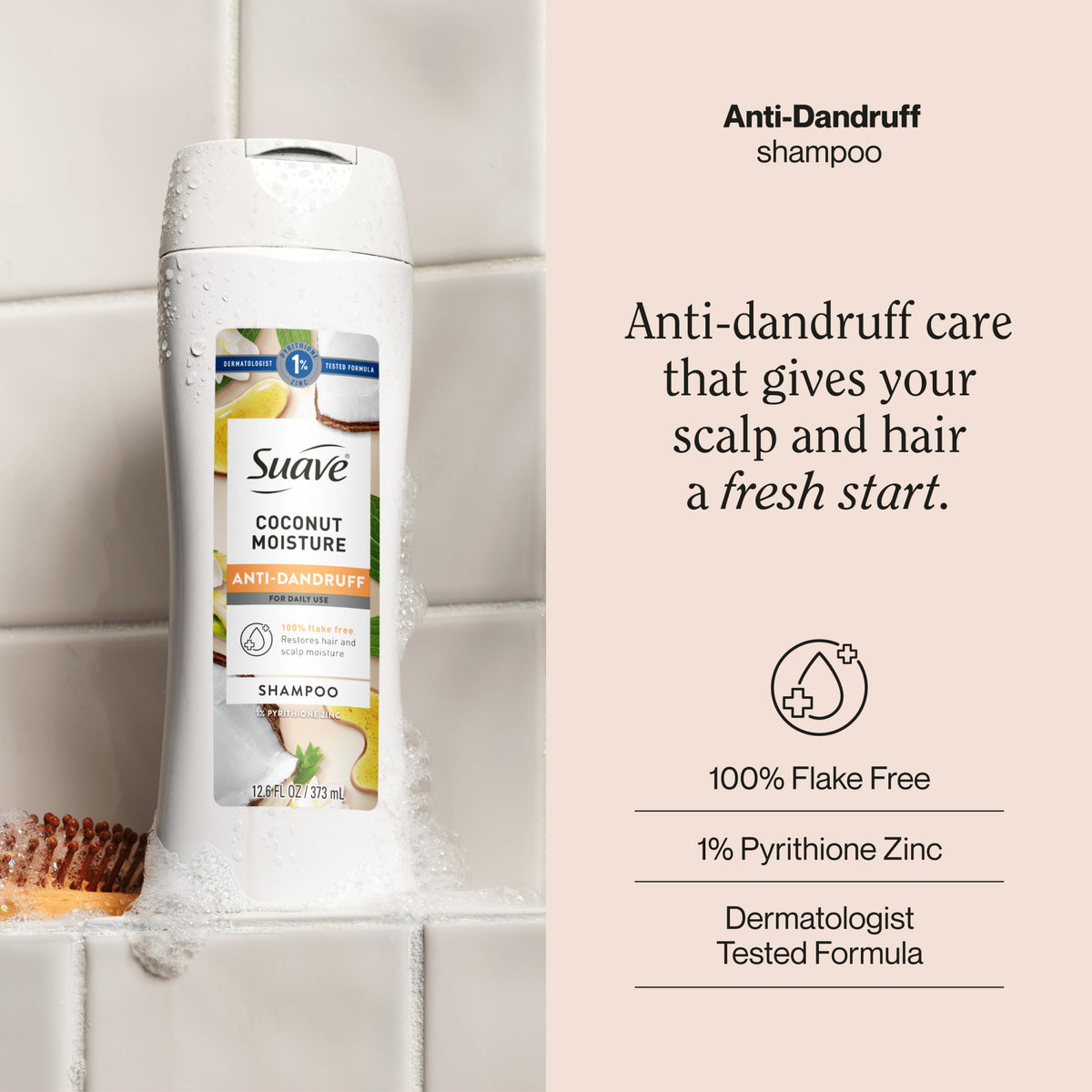 Suave close-up of label highlighting 1% pyrithione zinc active ingredient