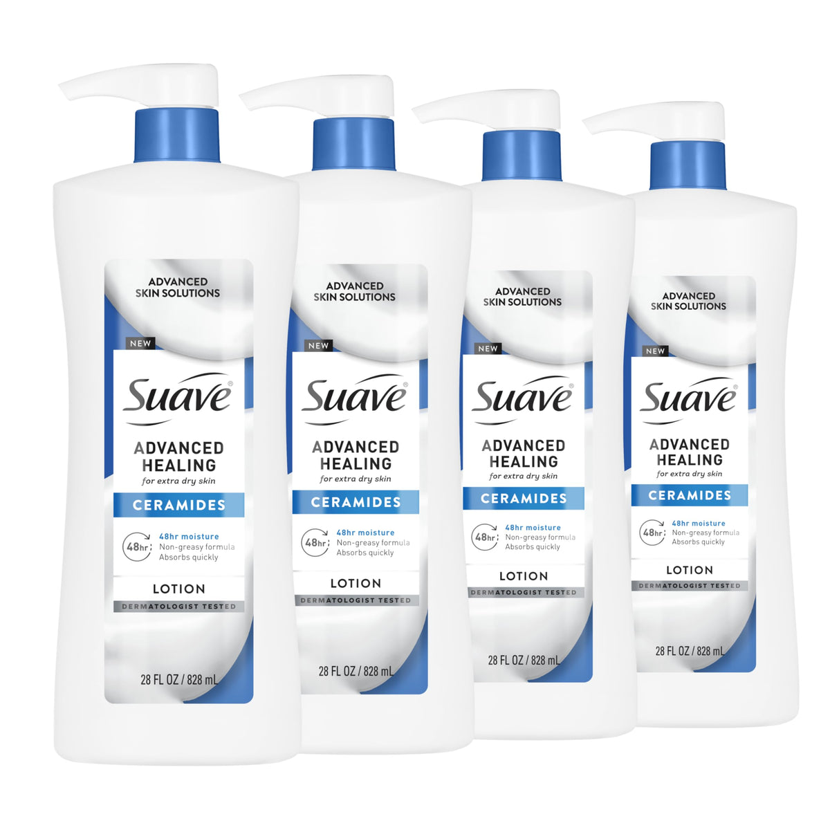 Suave front packaging showing 28 oz pump and four-pack benefit