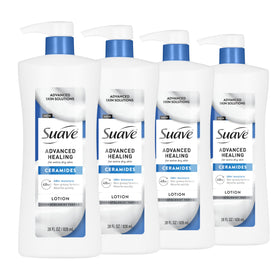 Suave front packaging showing 28 oz pump and four-pack benefit