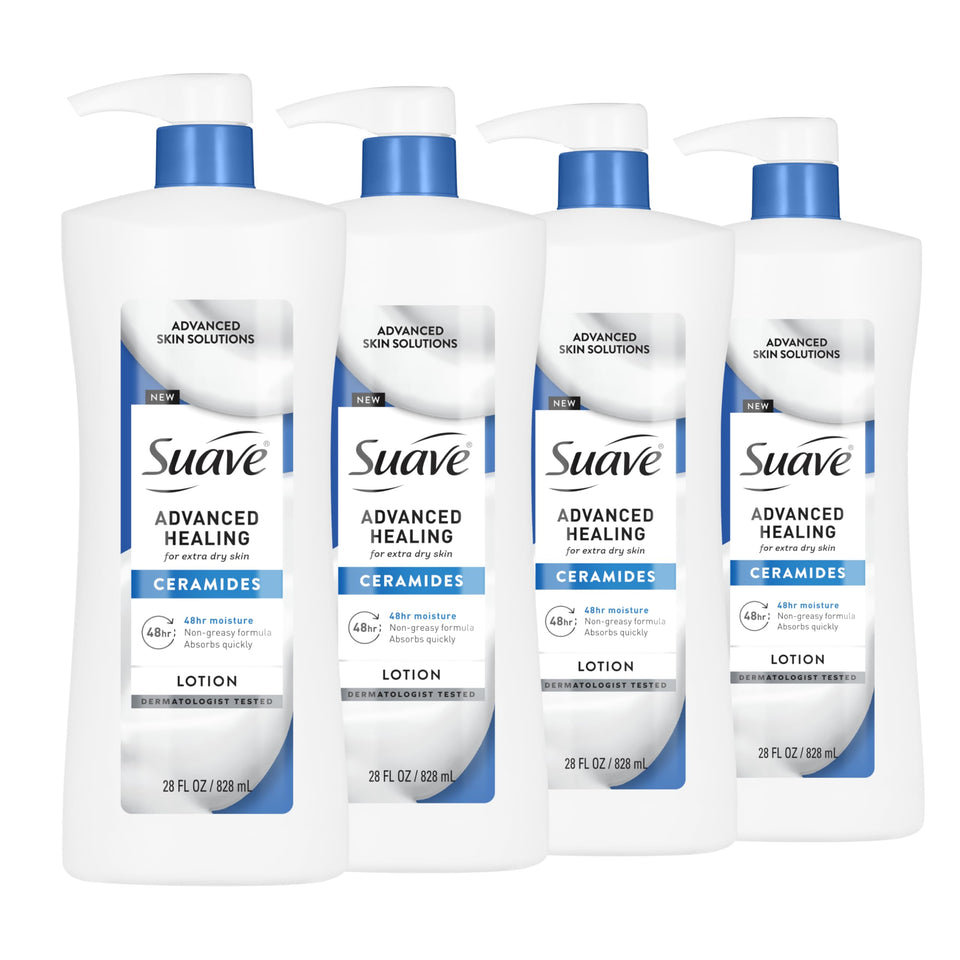 Suave front packaging showing 28 oz pump and four-pack benefit