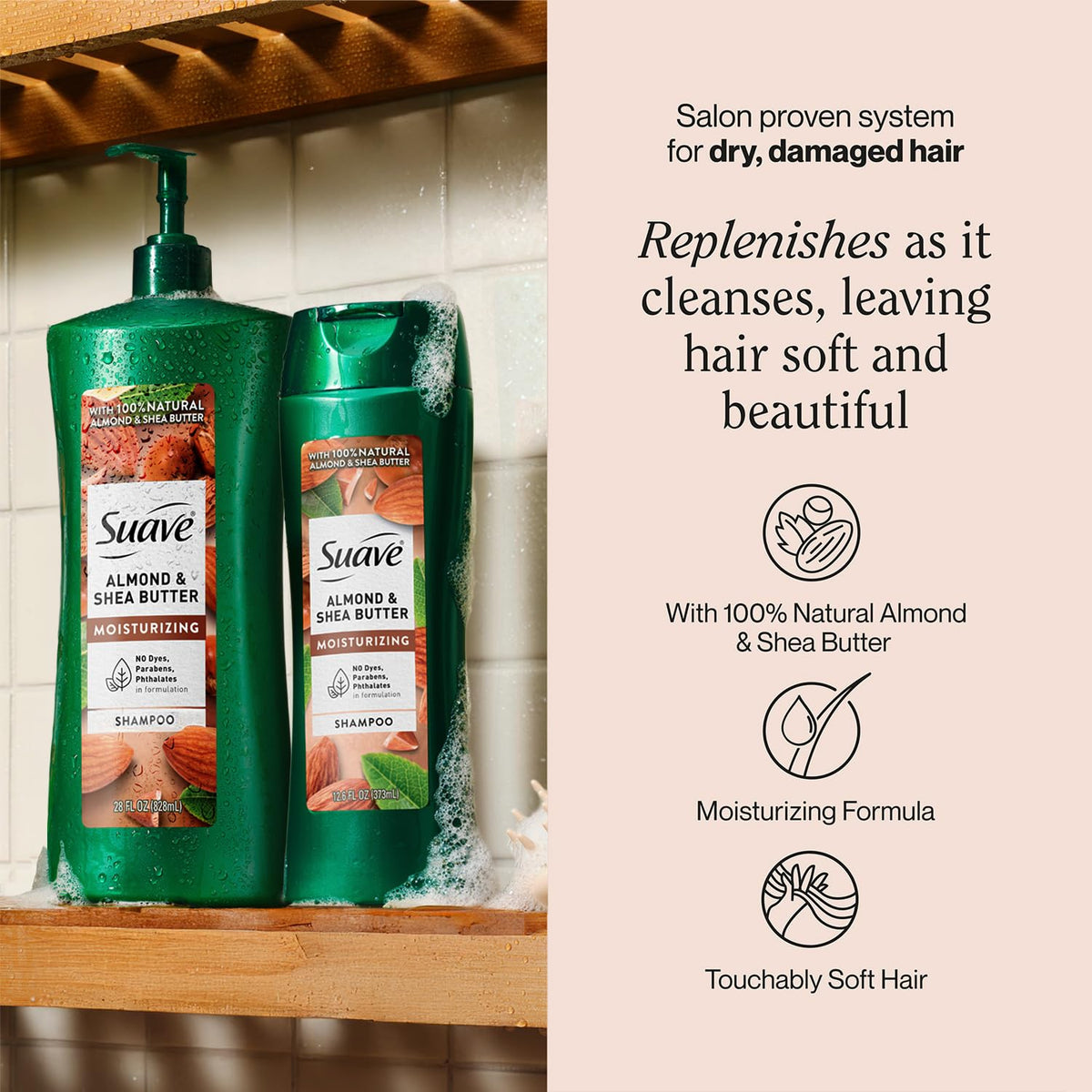 Suave pump bottle detail and easy-dispense for daily showers