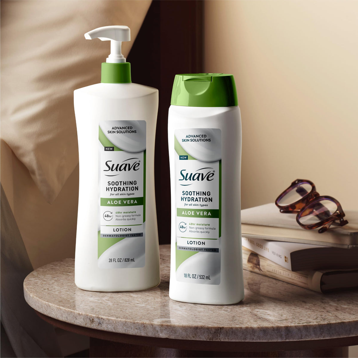 Suave with aloe leaf close-up emphasizing soothing aloe vera benefit