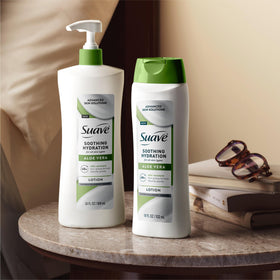 Suave with aloe leaf close-up emphasizing soothing aloe vera benefit