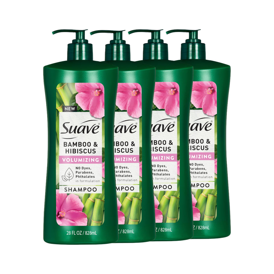 Suave bamboo and hibiscus front packaging showing product benefits