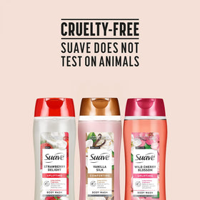 Suave trio on bathroom shelf conveying everyday convenience and family use
