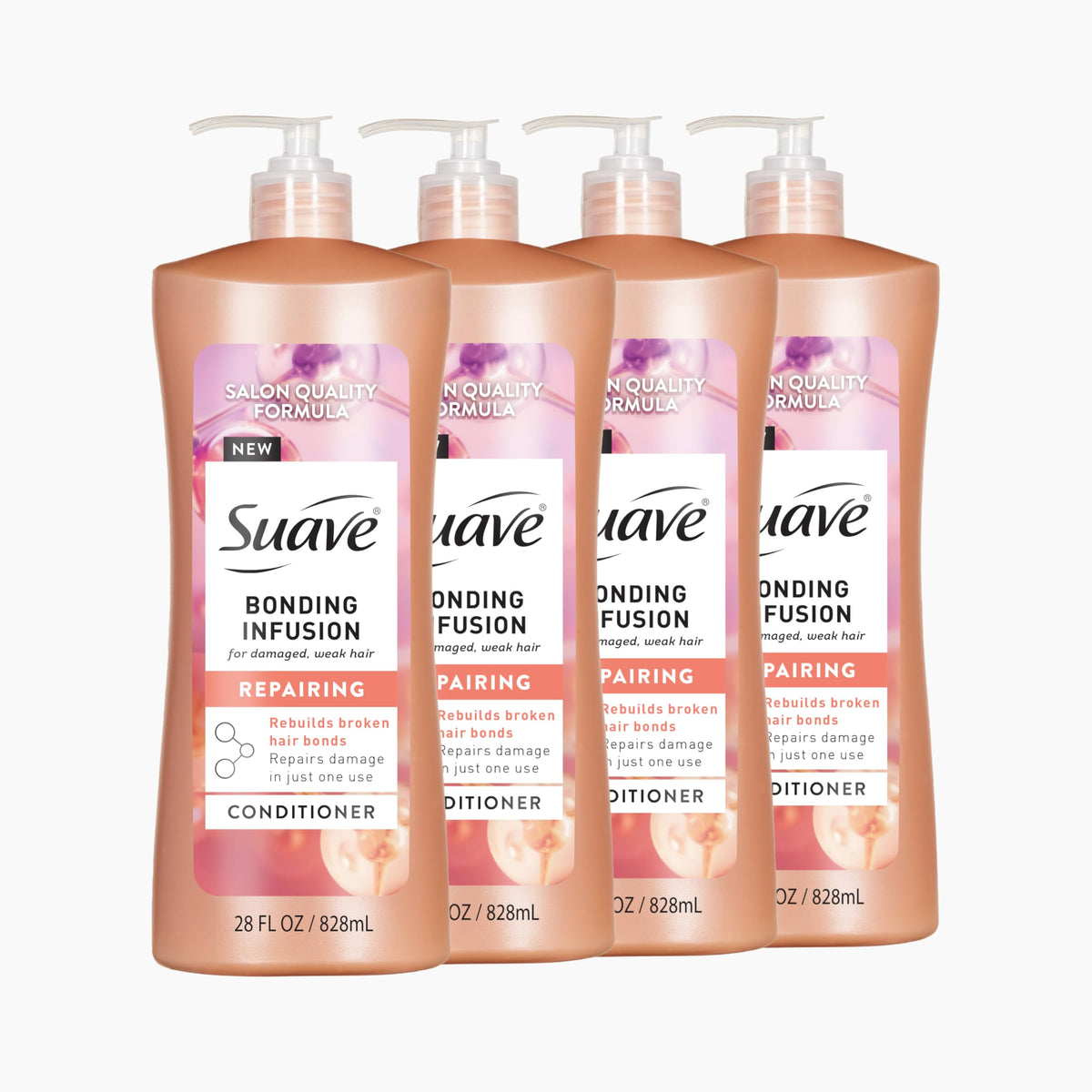 Suave bottle front packaging showing product and benefits