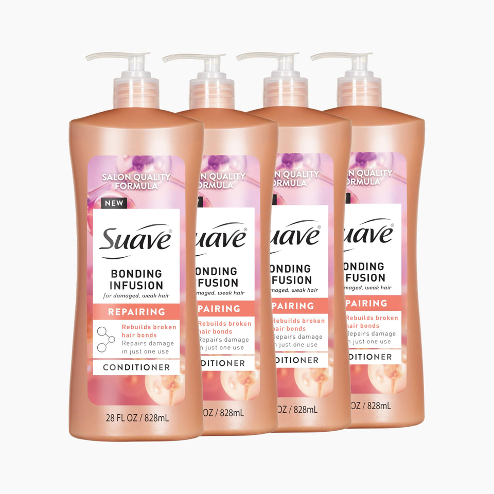 Suave bottle front packaging showing product and benefits