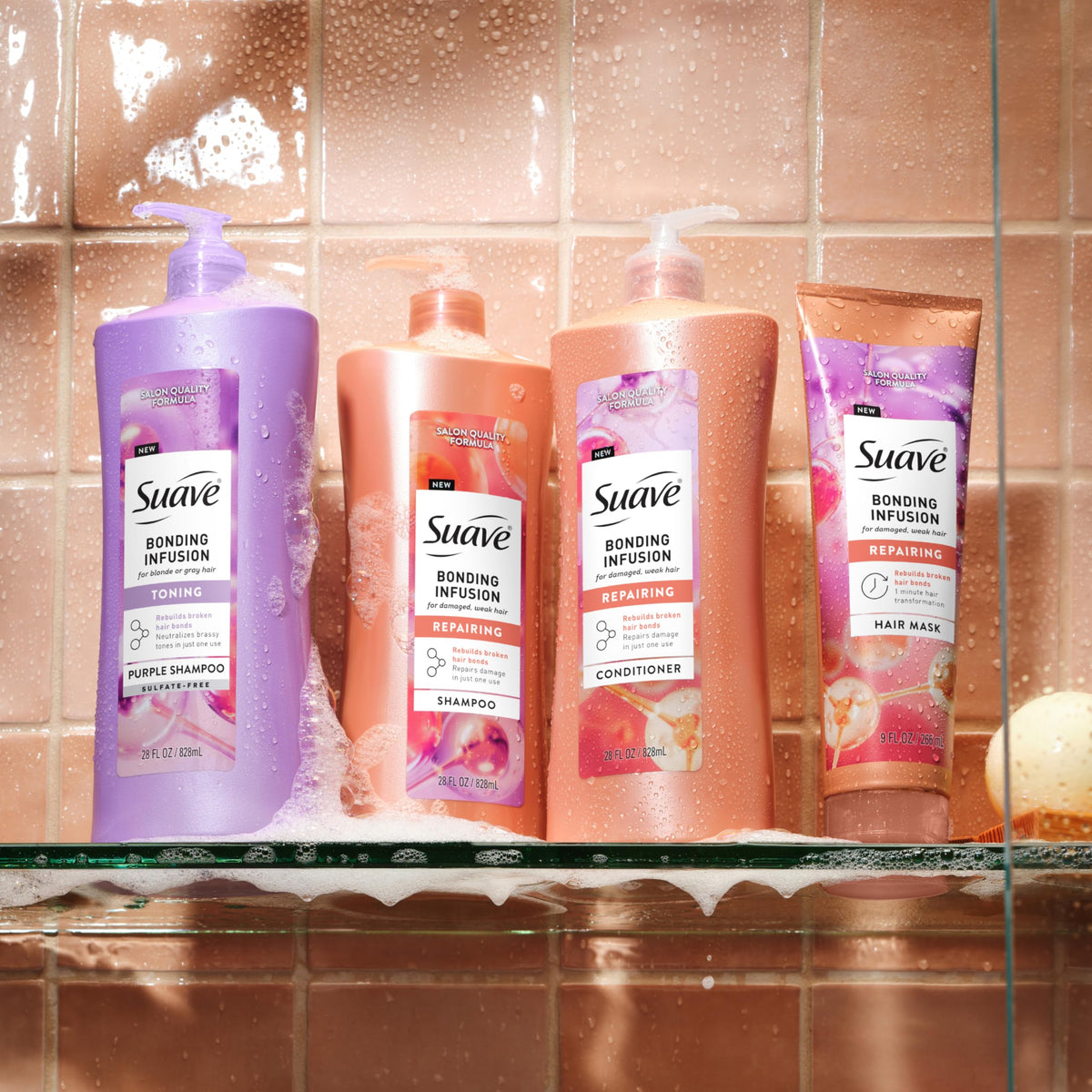 Hand applying Suave conditioner to damp hair for detangling benefit
