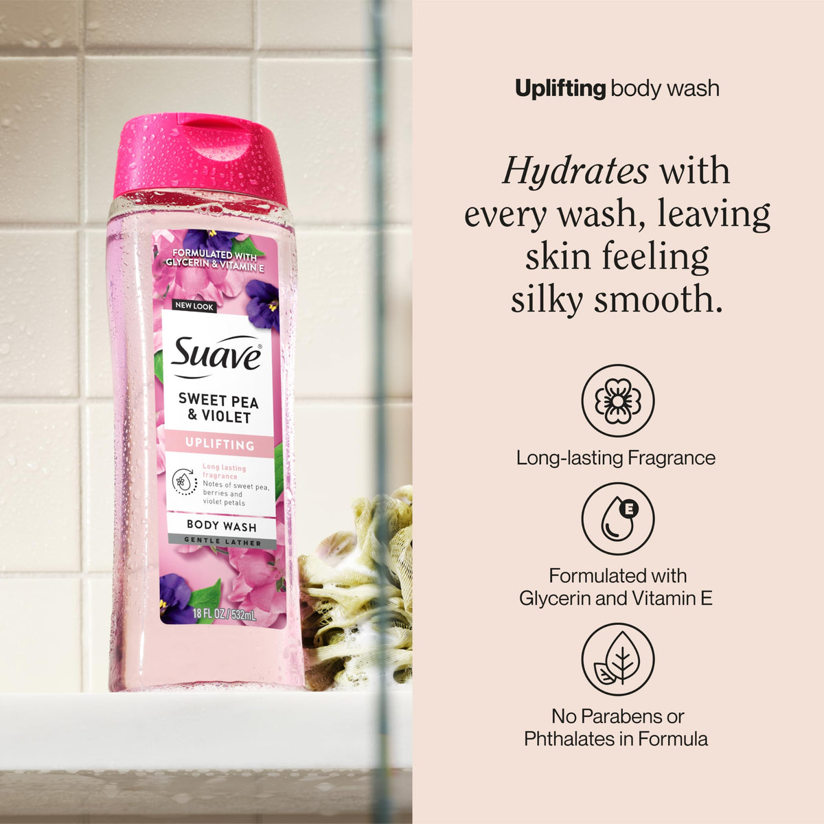 Suave closeup label and ingredients highlighting key benefits like glycerin and vitamin E