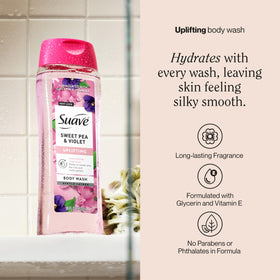 Suave closeup label and ingredients highlighting key benefits like glycerin and vitamin E