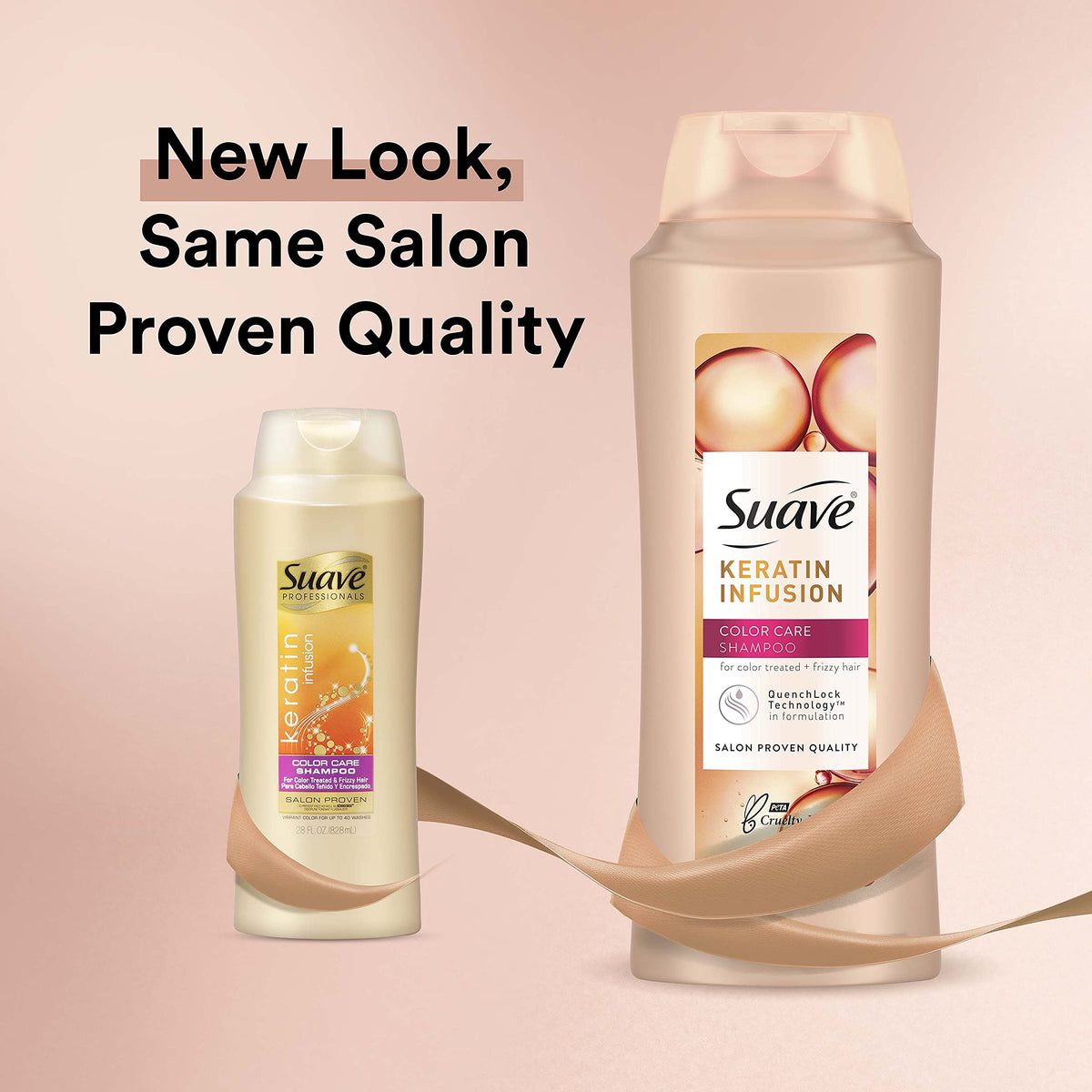Close-up of Suave label highlighting keratin infusion and color care benefits