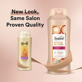 Close-up of Suave label highlighting keratin infusion and color care benefits