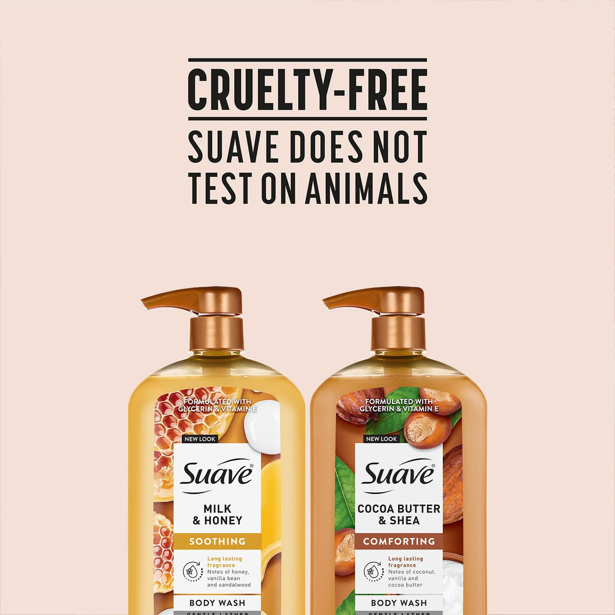 Suave bottles with pouf in shower setting for daily cleansing routine
