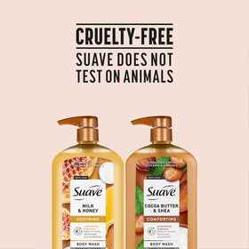 Suave bottles with pouf in shower setting for daily cleansing routine
