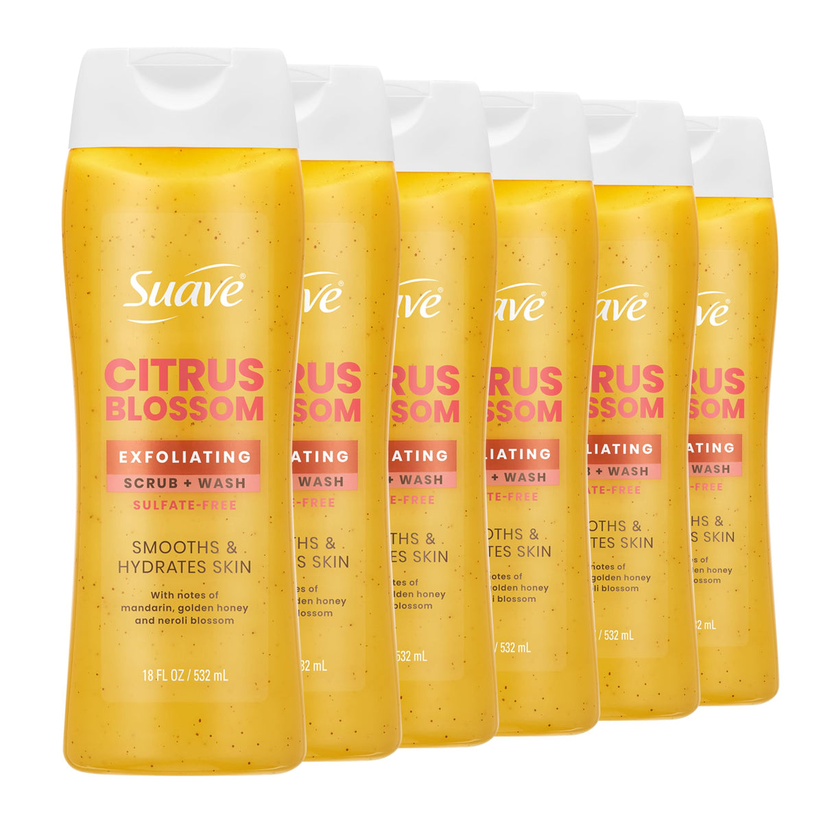 Suave front packaging showing bottle and citrus blossom scent benefits