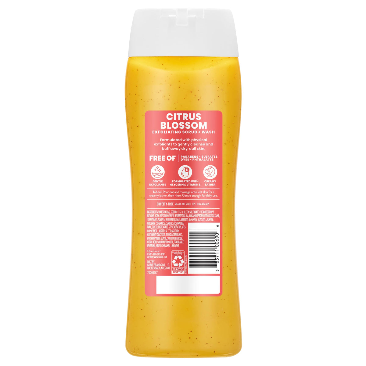 Suave bottle in shower being used to cleanse and smooth skin