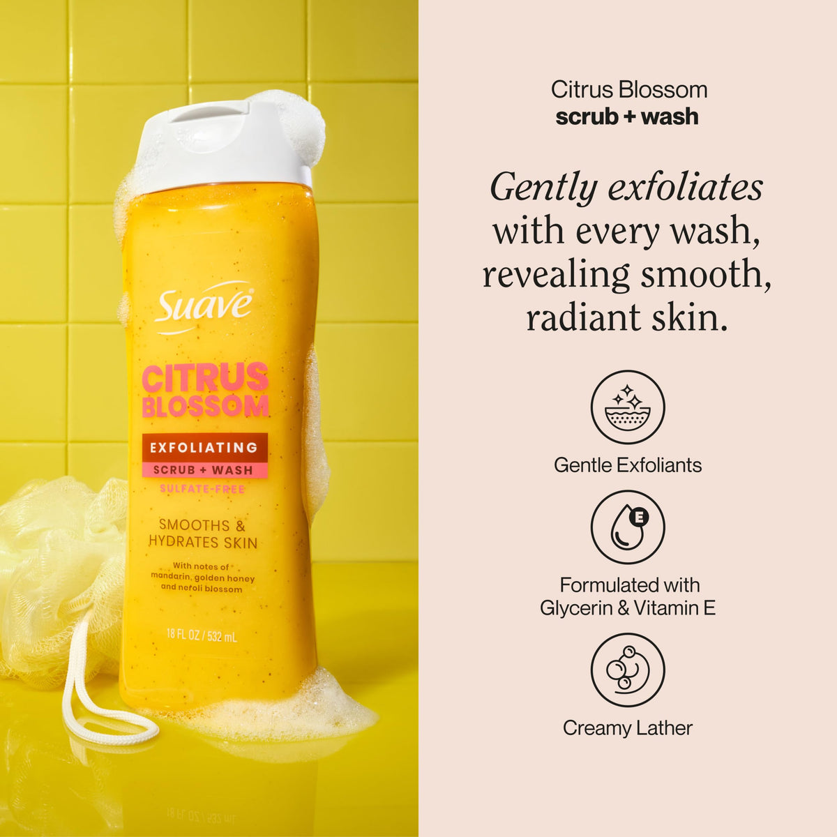 Suave label and pump close-up highlighting moisturizing ingredients