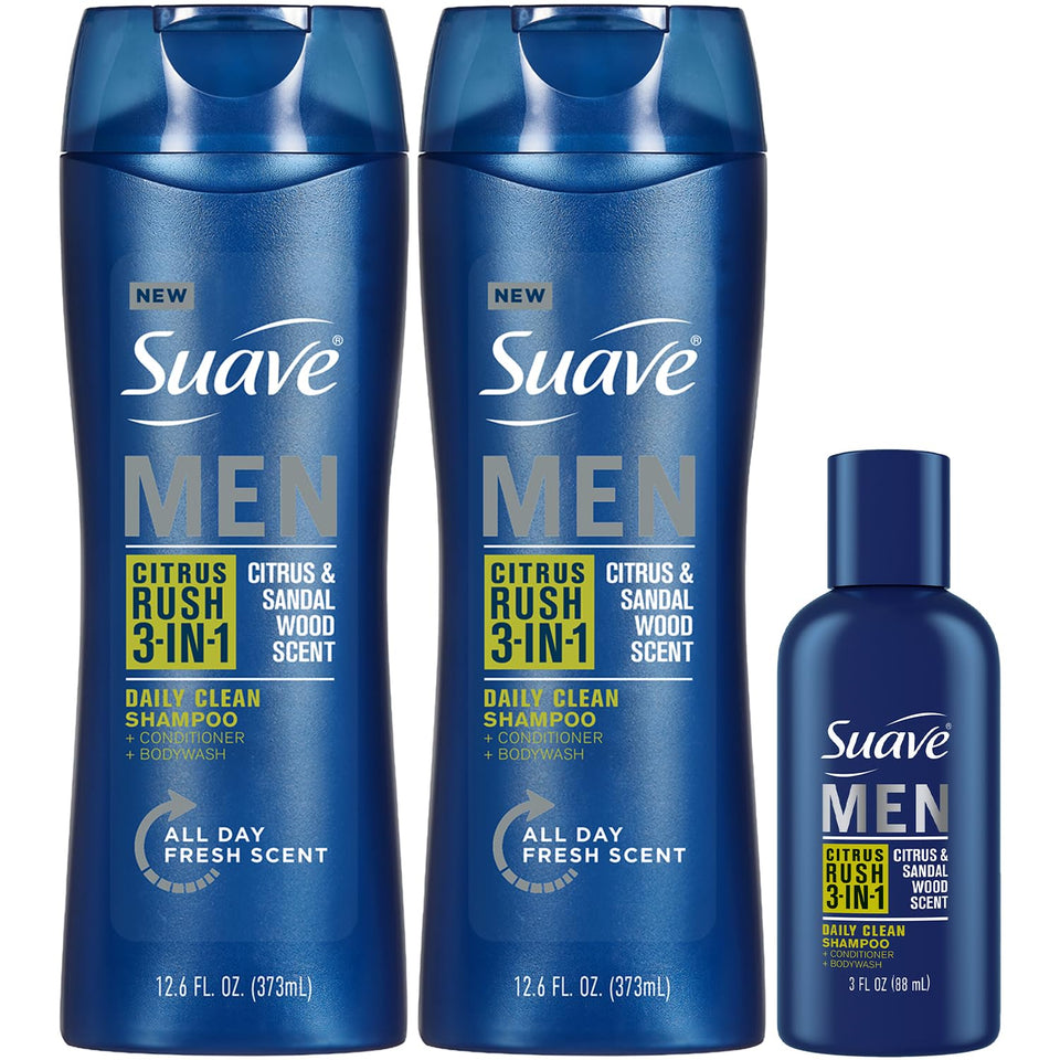 Suave Citrus Rush front packaging showing twin full-size bottles and travel bottle, convenient