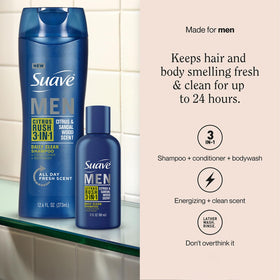 Suave Citrus Rush travel-size 3 oz bottle beside toiletries, portable and TSA-friendly