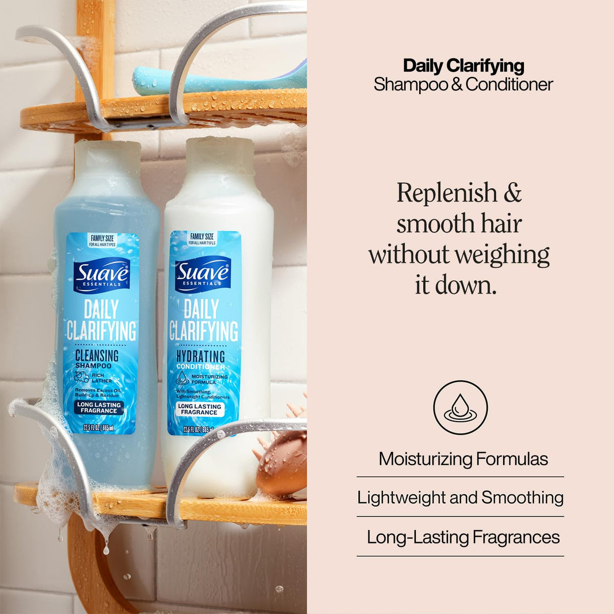 Suave clarifying shampoo lather close-up demonstrating effective residue removal