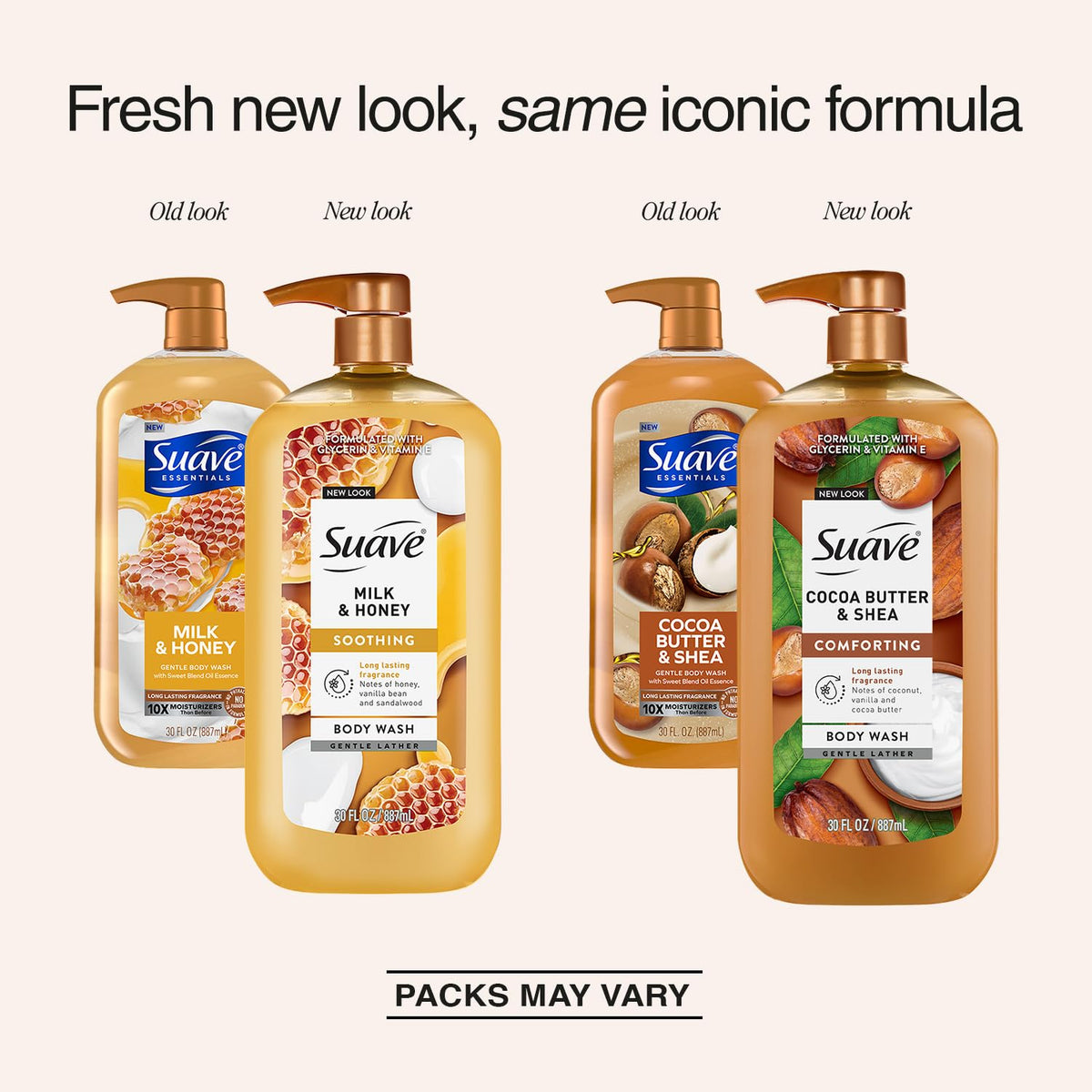 Suave close-up label on 30oz bottle highlighting vitamin E and moisturizers