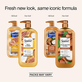 Suave close-up label on 30oz bottle highlighting vitamin E and moisturizers