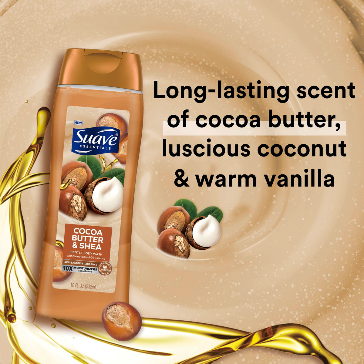 Suave label close-up highlighting cocoa butter, shea and vitamin E benefits