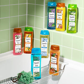 Bathroom shelf with Suave six-pack ready for family daily use