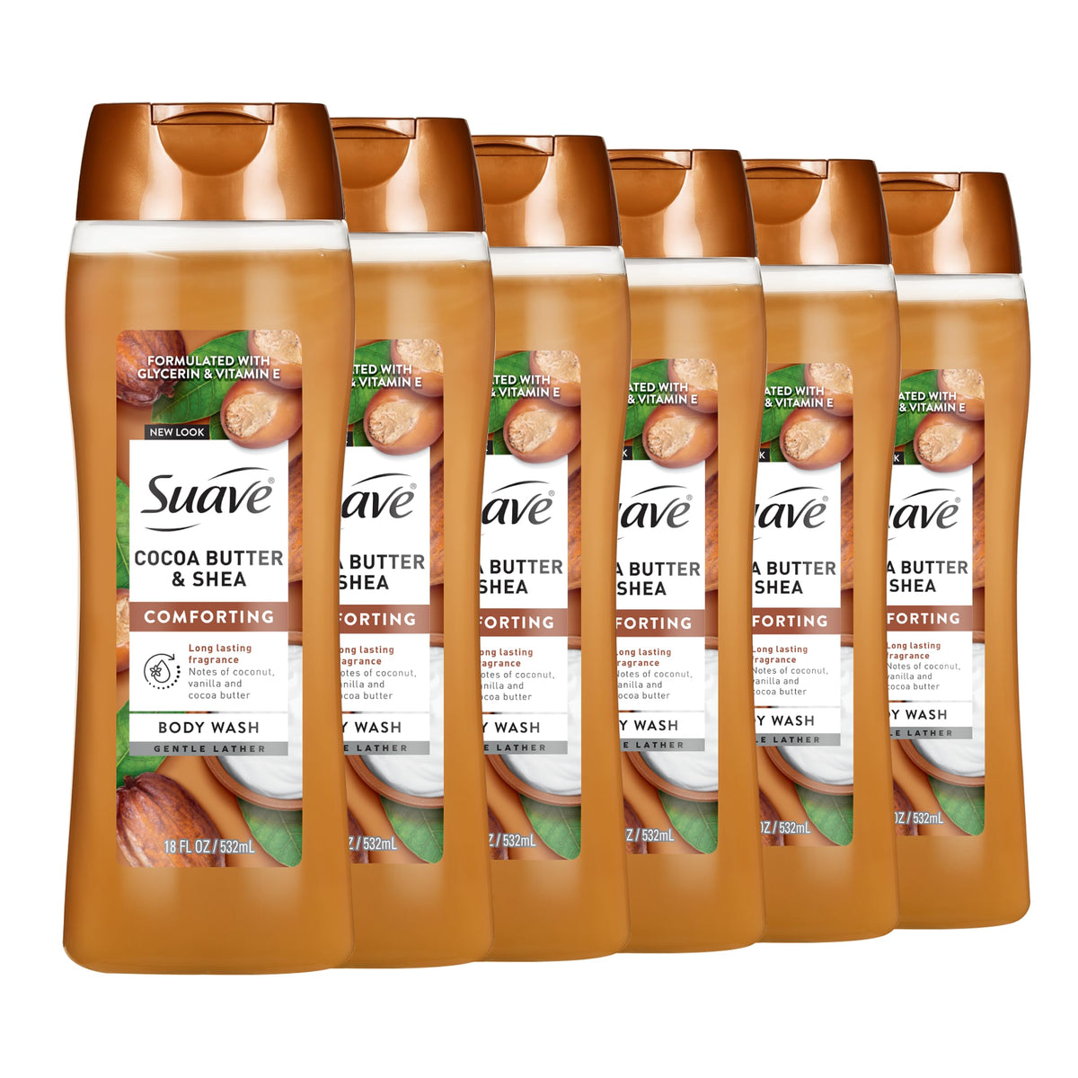 Suave front packaging showing cocoa butter bottle and hydrating benefits