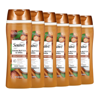Suave front packaging showing cocoa butter bottle and hydrating benefits