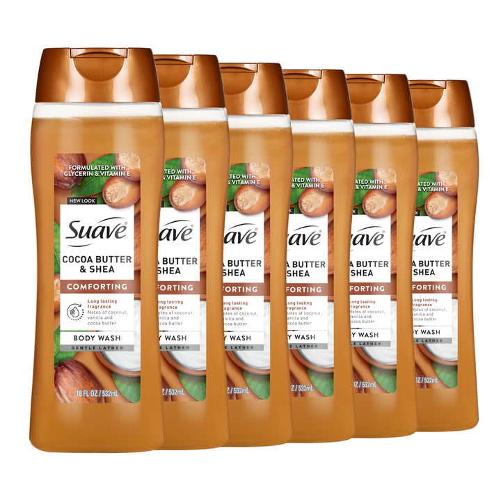 Suave front packaging showing cocoa butter bottle and hydrating benefits