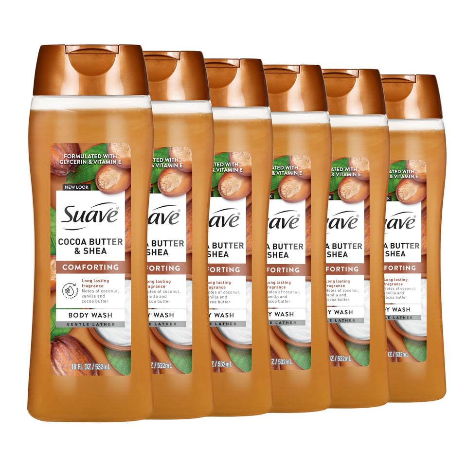 Suave front packaging showing cocoa butter bottle and hydrating benefits