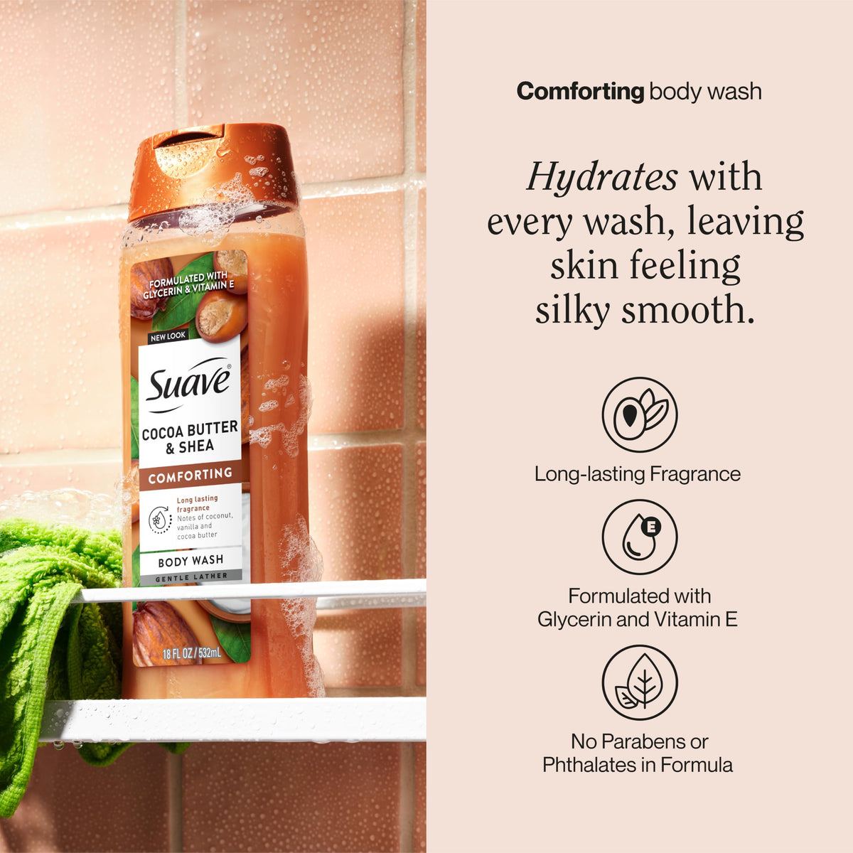 Closeup of Suave pump dispensing body wash for easy, mess-free use