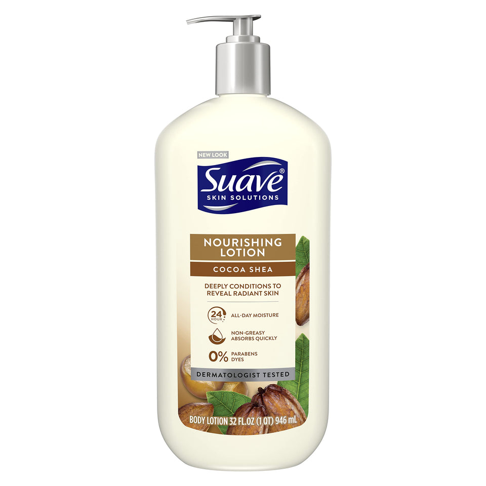 Suave bottle front packaging showing cocoa butter and shea benefits