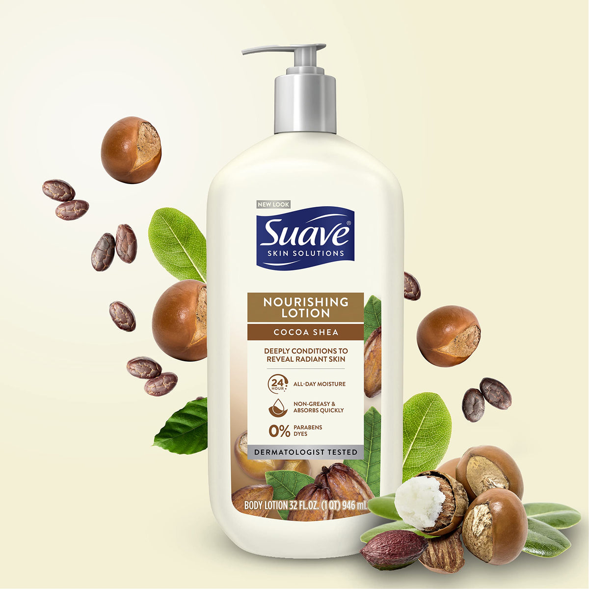 Suave lotion texture swipe demonstrating creamy non-greasy absorbency