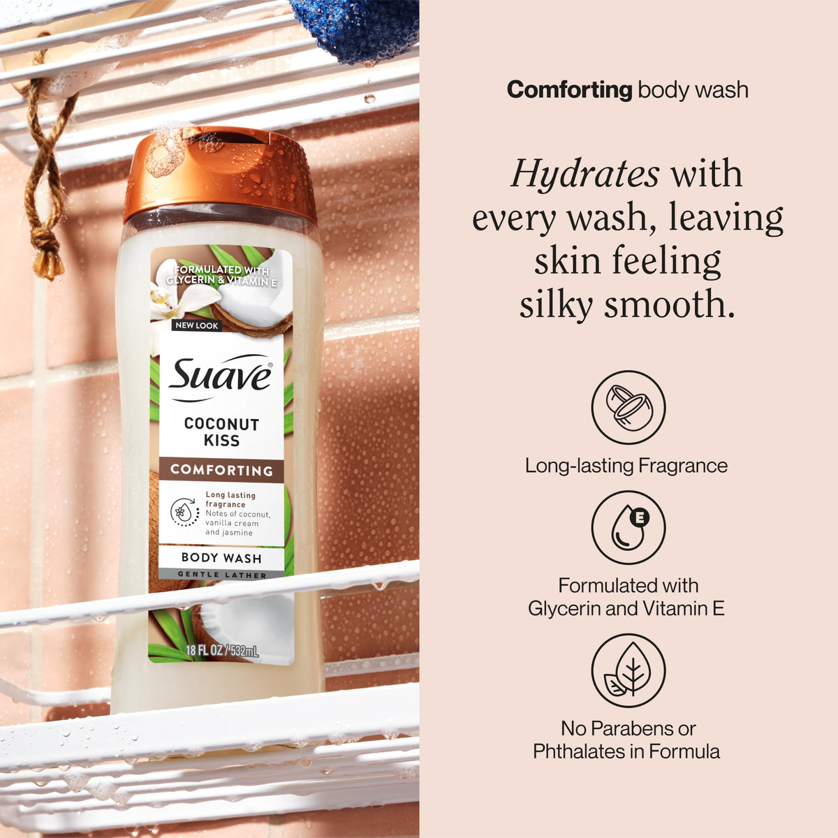 Suave bottle back label detail displaying ingredients and usage benefits