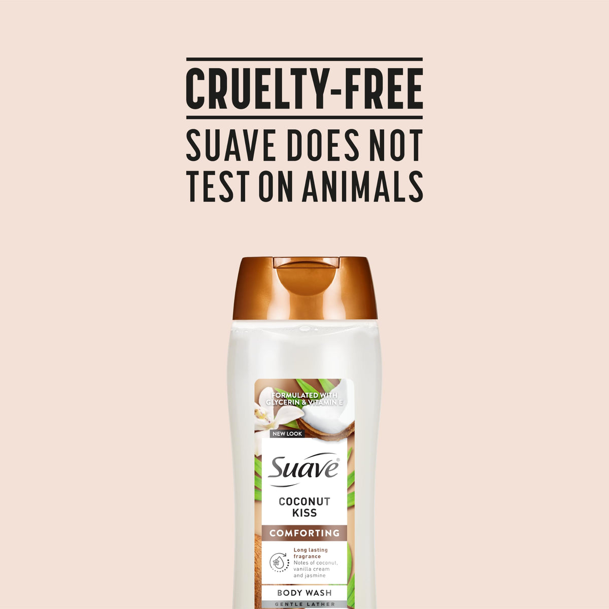 Suave ingredients highlight with aloe and vitamin E emphasizing hydration
