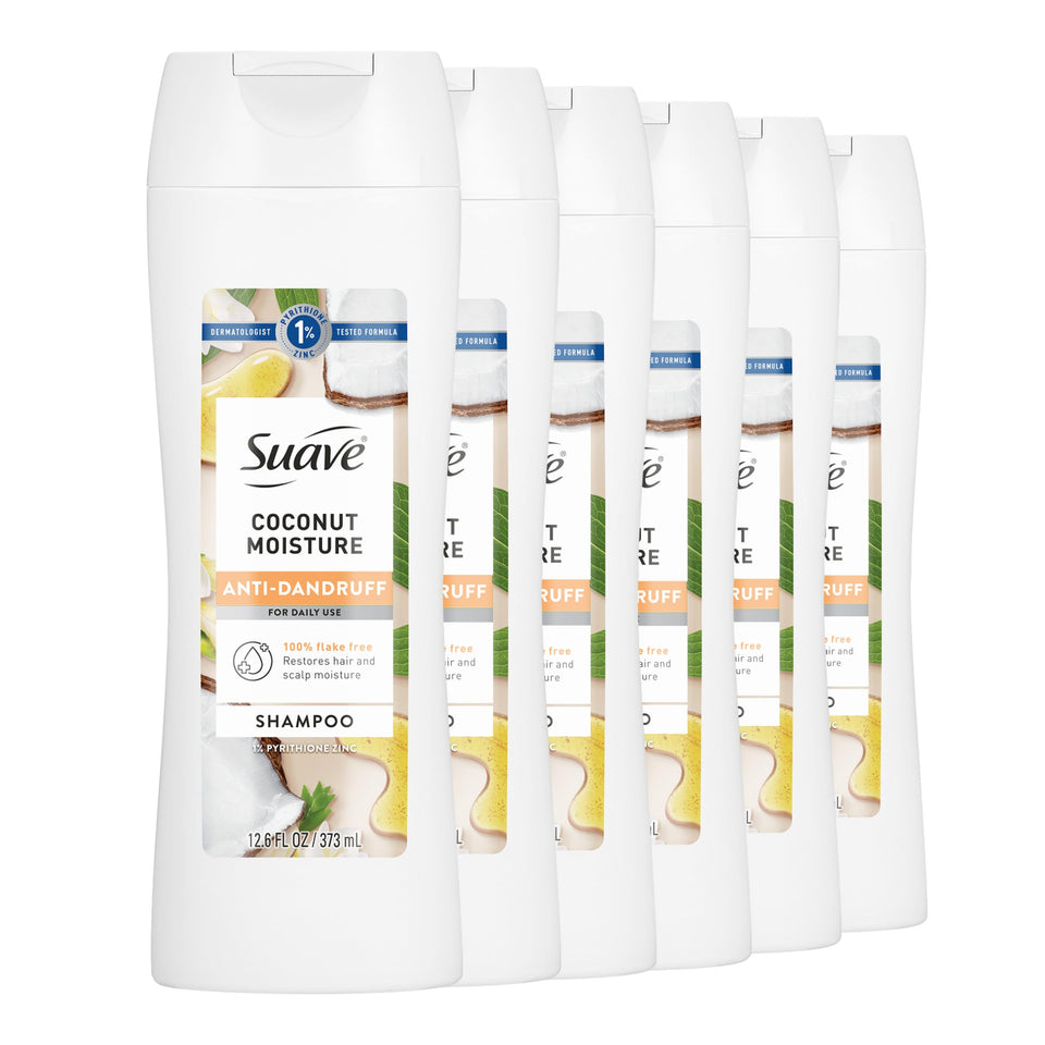 Suave front packaging showing coconut moisture shampoo and clear benefits