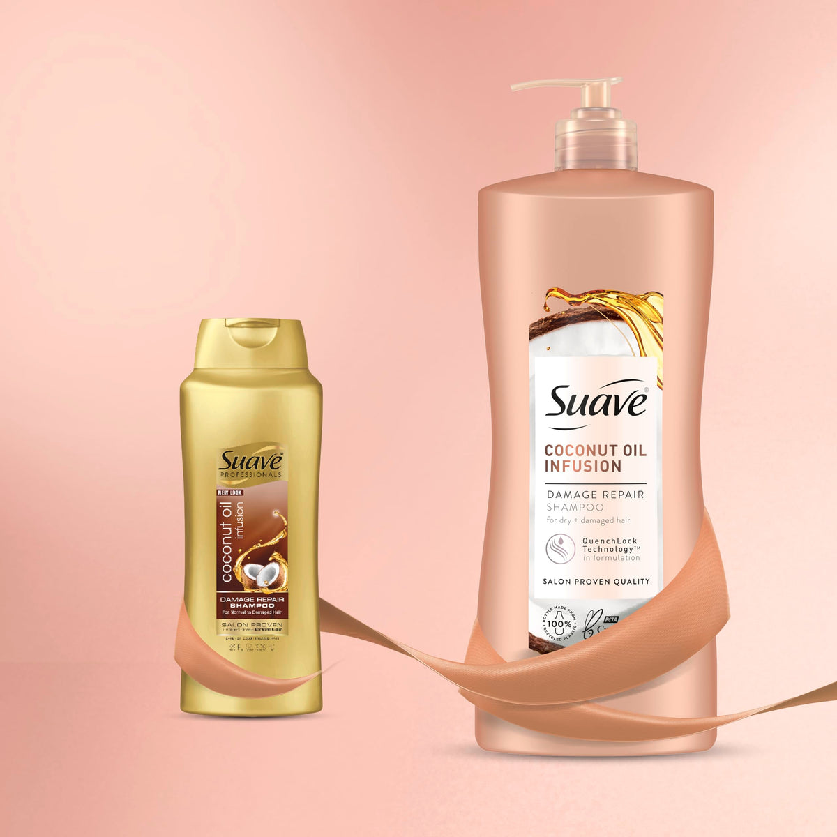 Suave bottle next to common objects showing 28 oz size and value