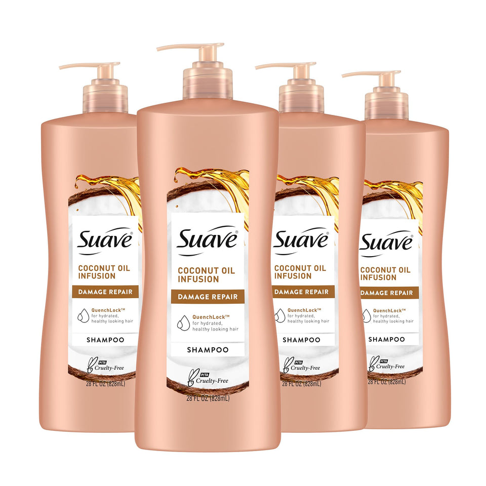 Suave bottle front view showing coconut oil shampoo and repair benefits