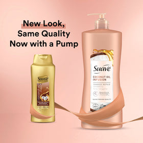 Suave shampoo on bathroom shelf with towels showing salon-quality results