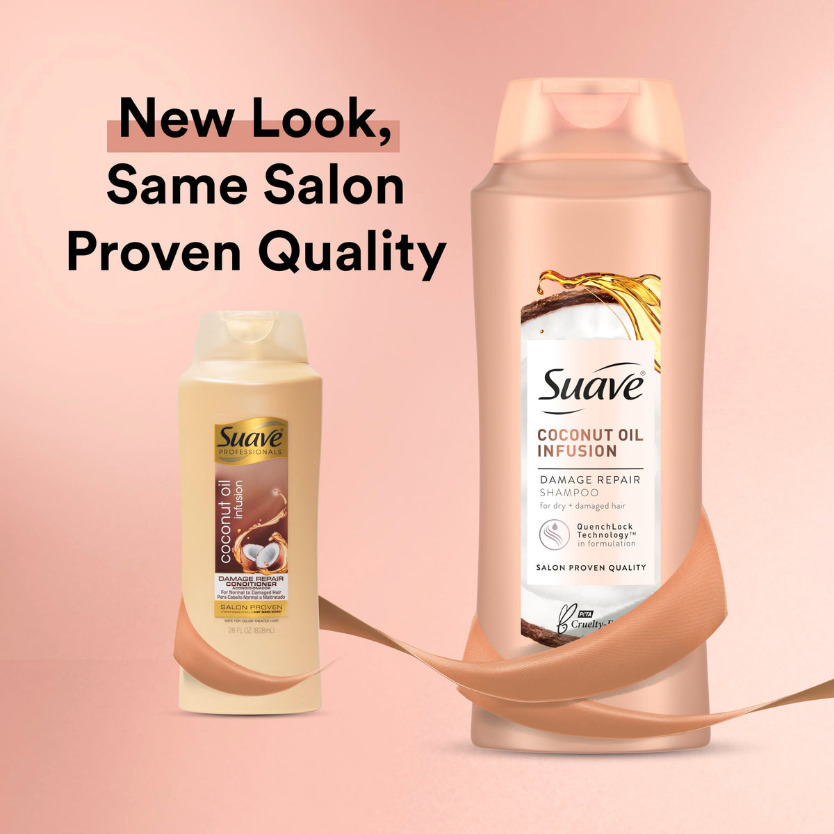 Suave close-up label and pump highlighting ingredients and usage ease
