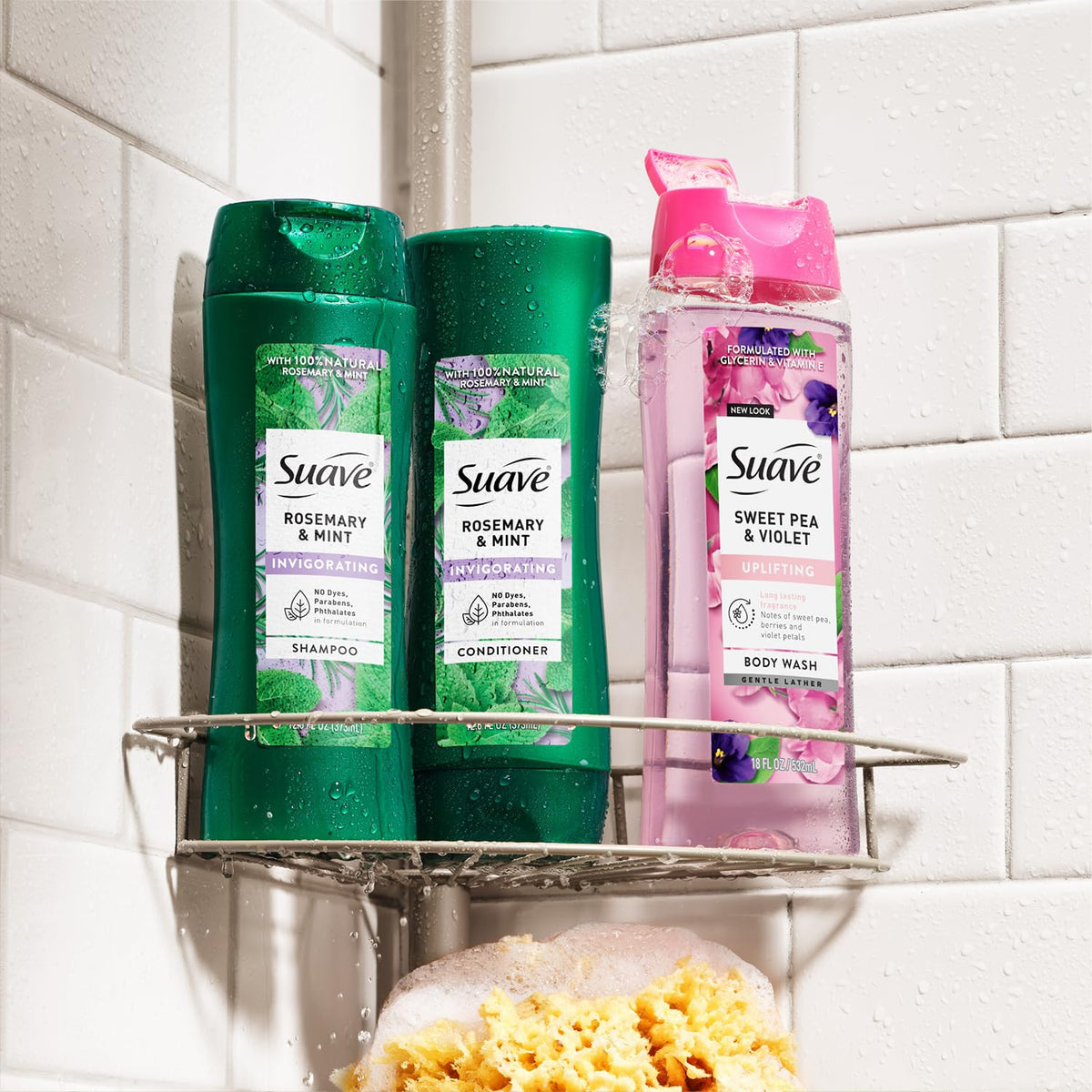 Suave conditioner bottle on shower shelf demonstrating everyday use