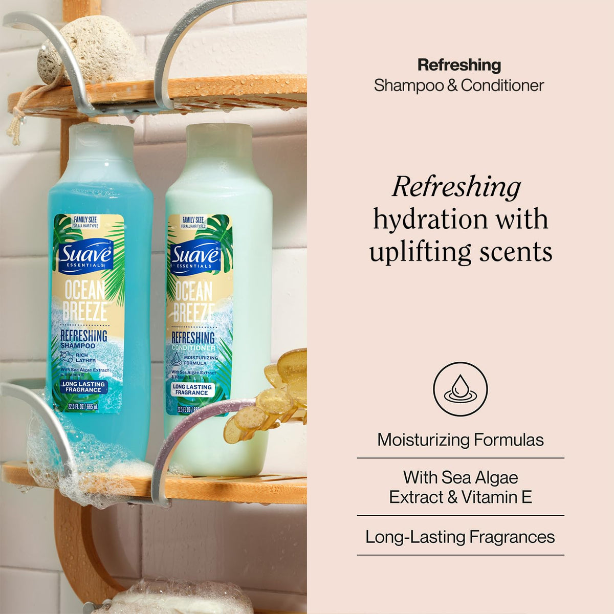 Suave conditioner pump close-up highlighting easy dispensing and hydration