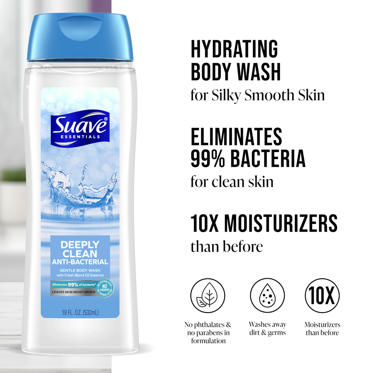 Eighteen fluid ounce Suave bottle in hand showing size and value
