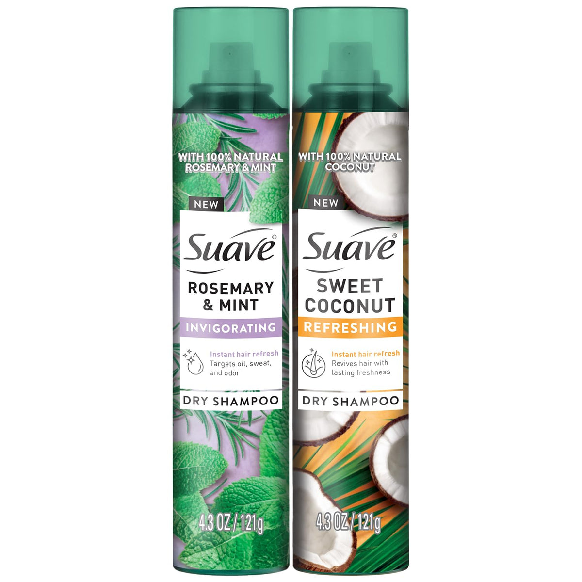 Suave front packaging showing both spray cans and variety benefits