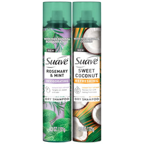 Suave front packaging showing both spray cans and variety benefits
